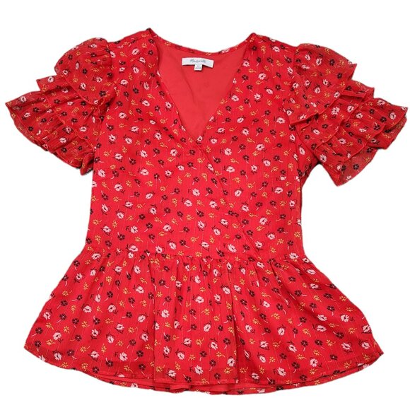 Madewell Red Tiered Sleeve Peplum Top Metallic Prairie Posies Ruffle 00 - Picture 4 of 10